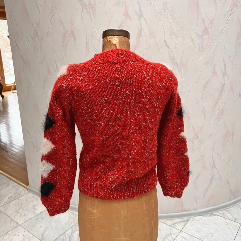 Handknitted Red Chunky Argyle Sweater Mock Neck Grannycore Cabin‎ Preppy Small